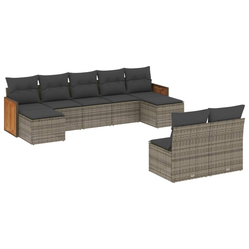 Salon de jardin 9 pcs avec coussins gris résine tressée