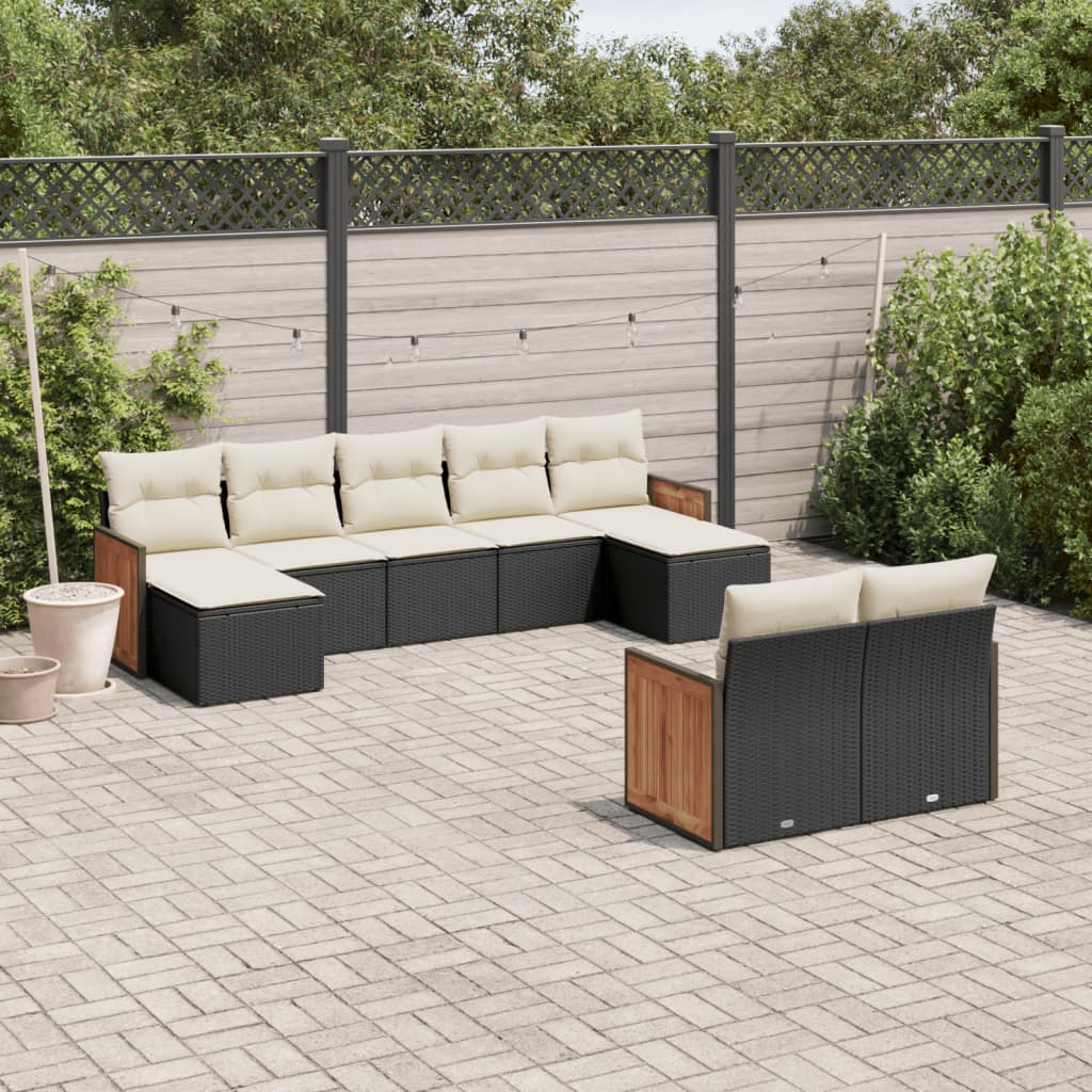 Salon de jardin 9 pcs avec coussins noir résine tressée