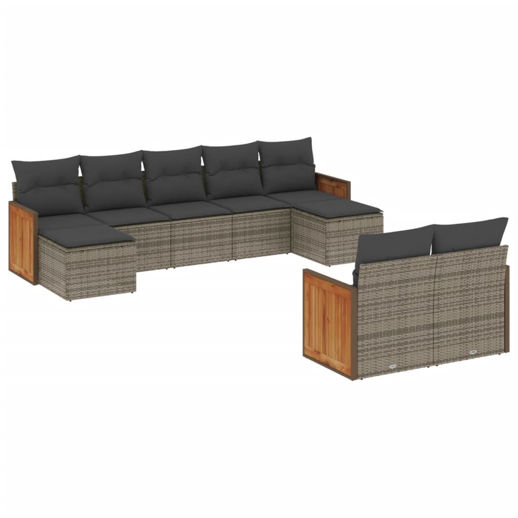 Salon de jardin 9 pcs avec coussins gris résine tressée