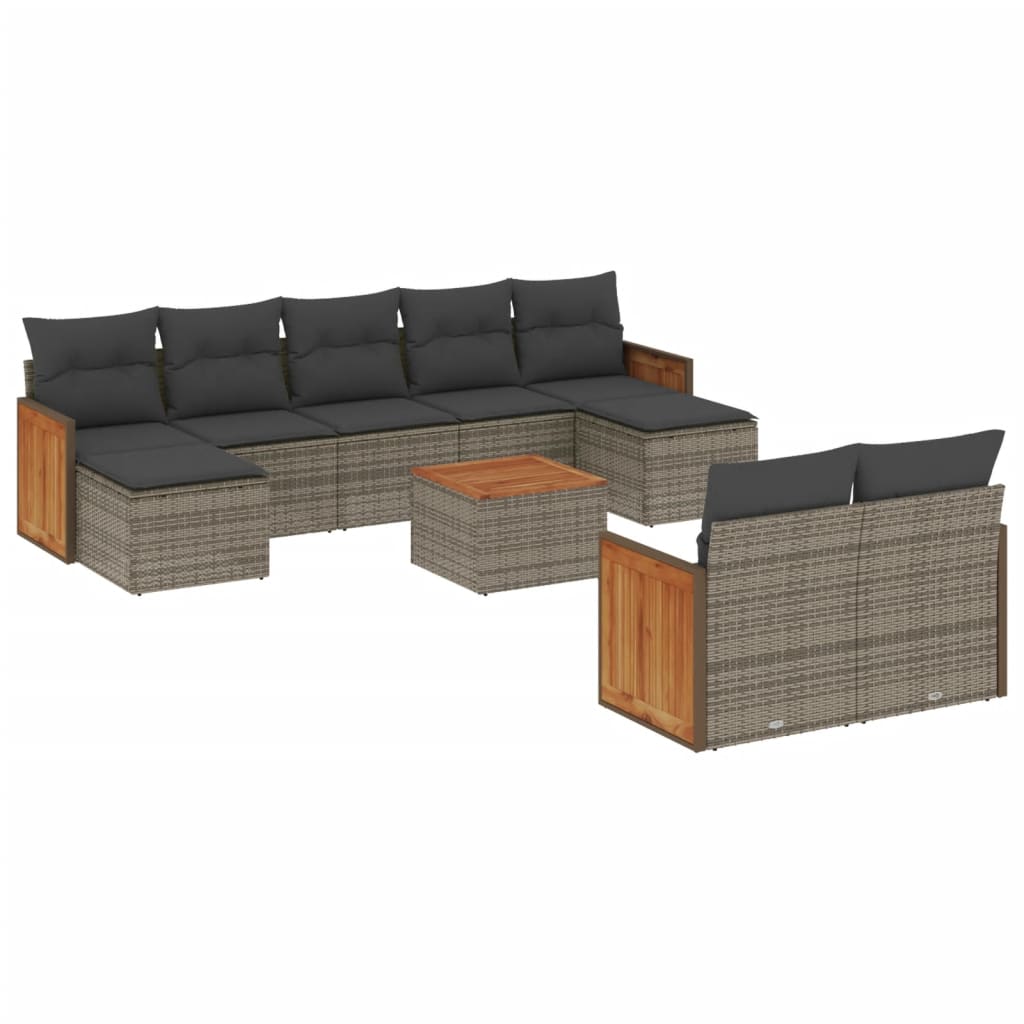 Salon de jardin avec coussins 10 pcs gris résine tressée