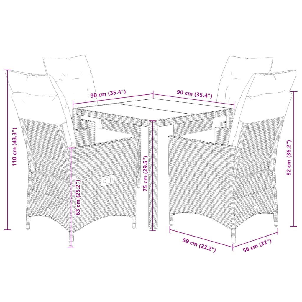Ensemble à manger de jardin coussins 5pcs Noir Résine tressée