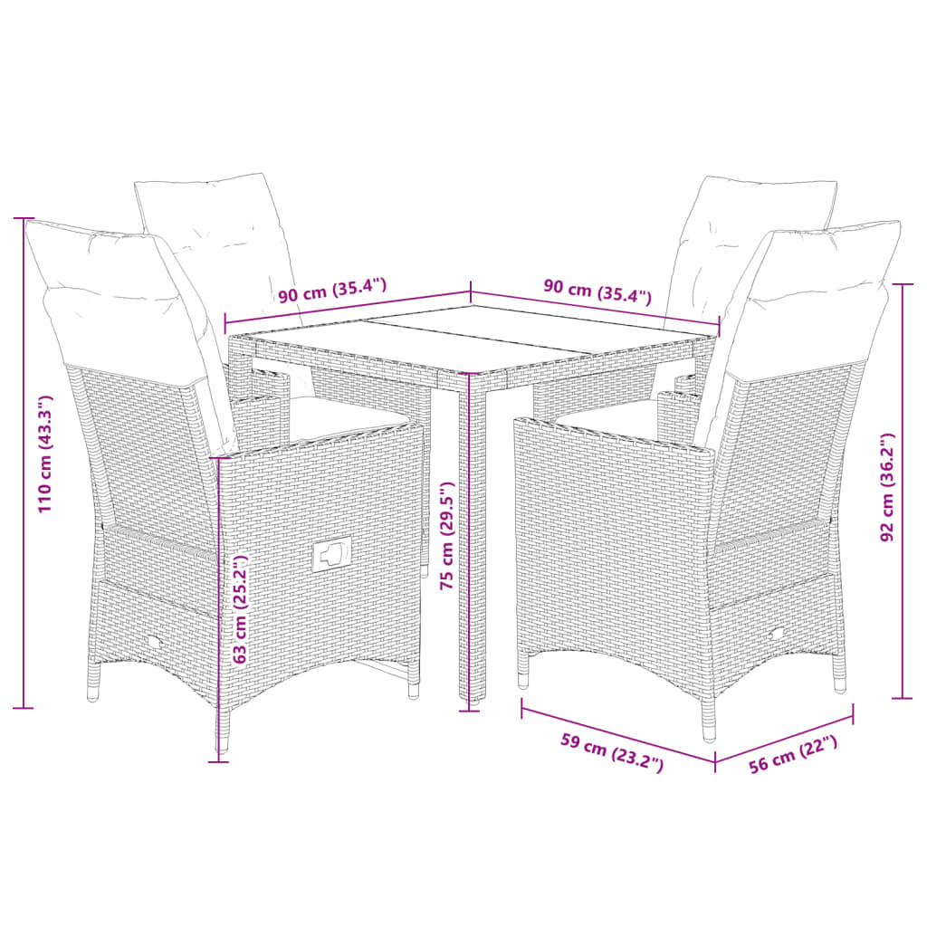 Ensemble à manger de jardin coussins 5pcs Noir Résine tressée