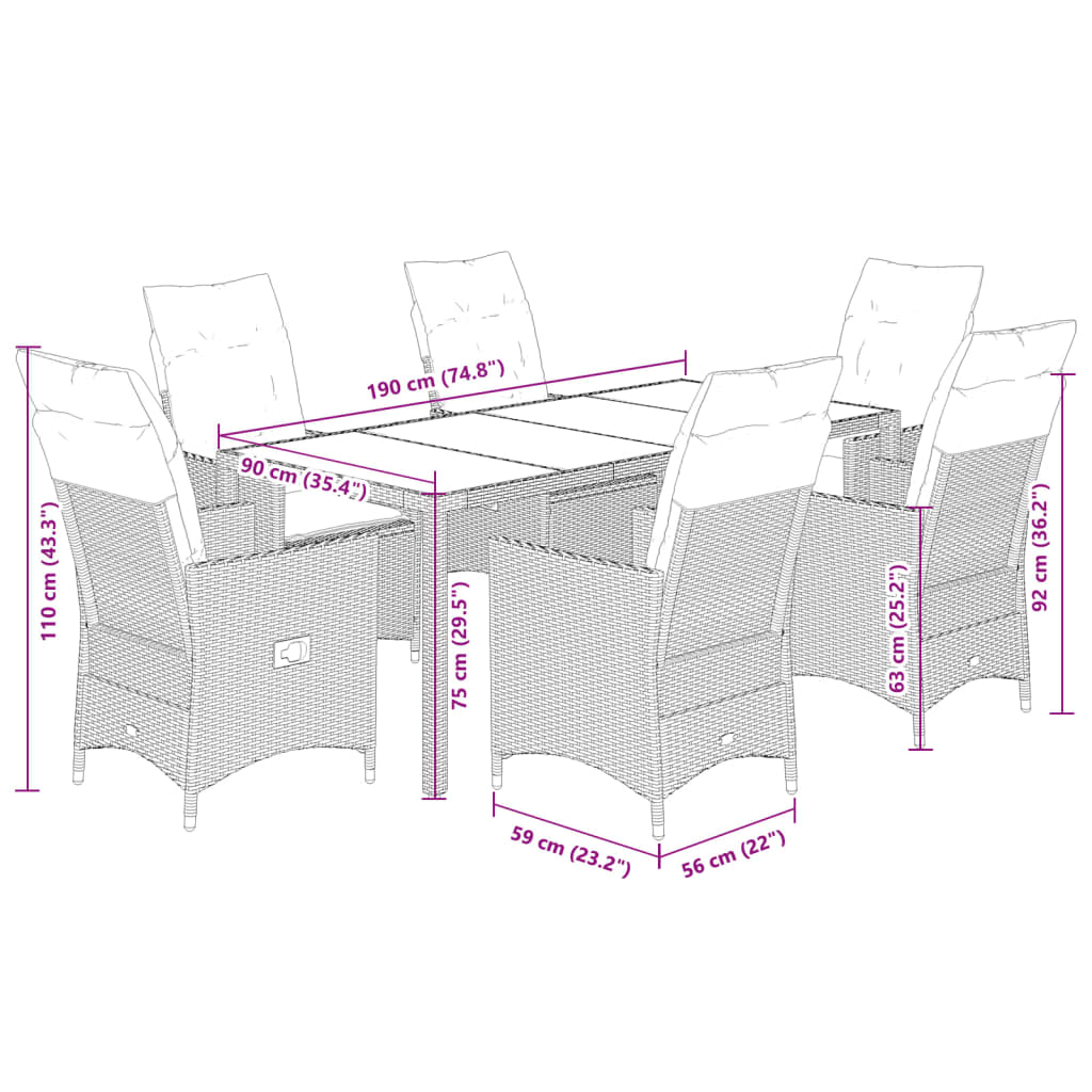 Ensemble à manger de jardin coussins 7pcs Noir Résine tressée