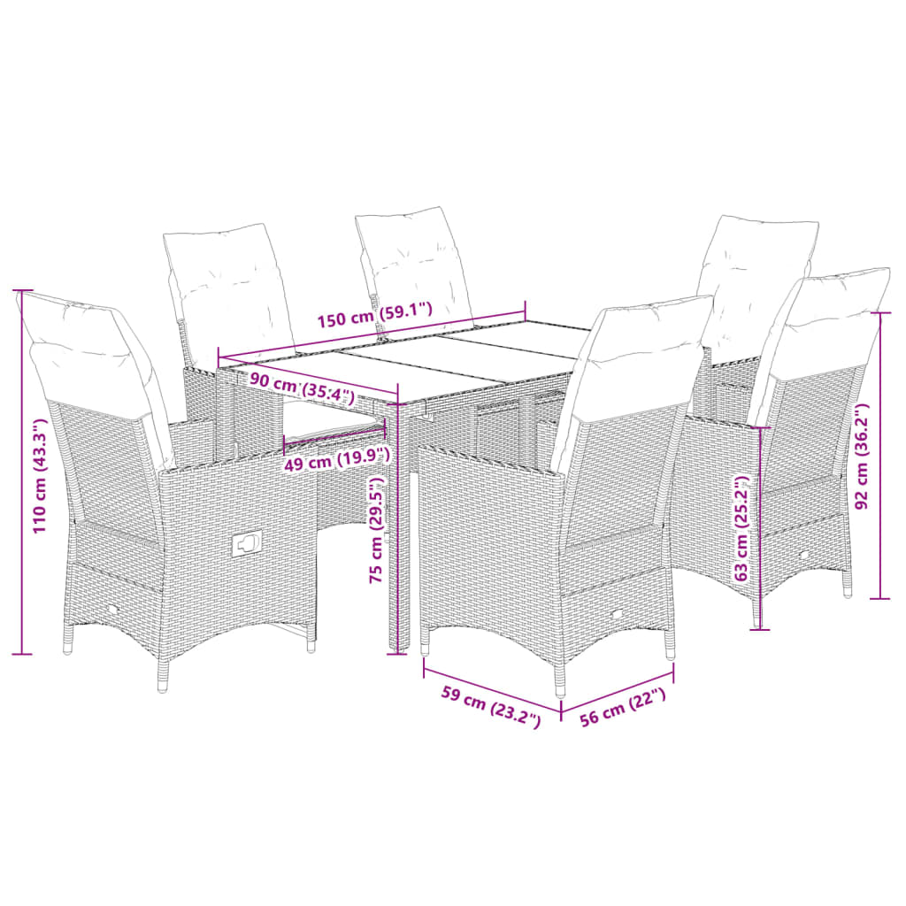 Ensemble à manger de jardin et coussins 7 pcs marron rotin