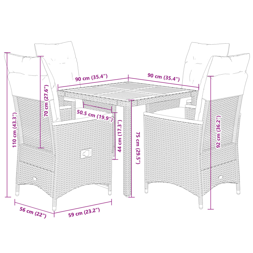 Ensemble à manger de jardin coussins 5pcs Noir Résine tressée
