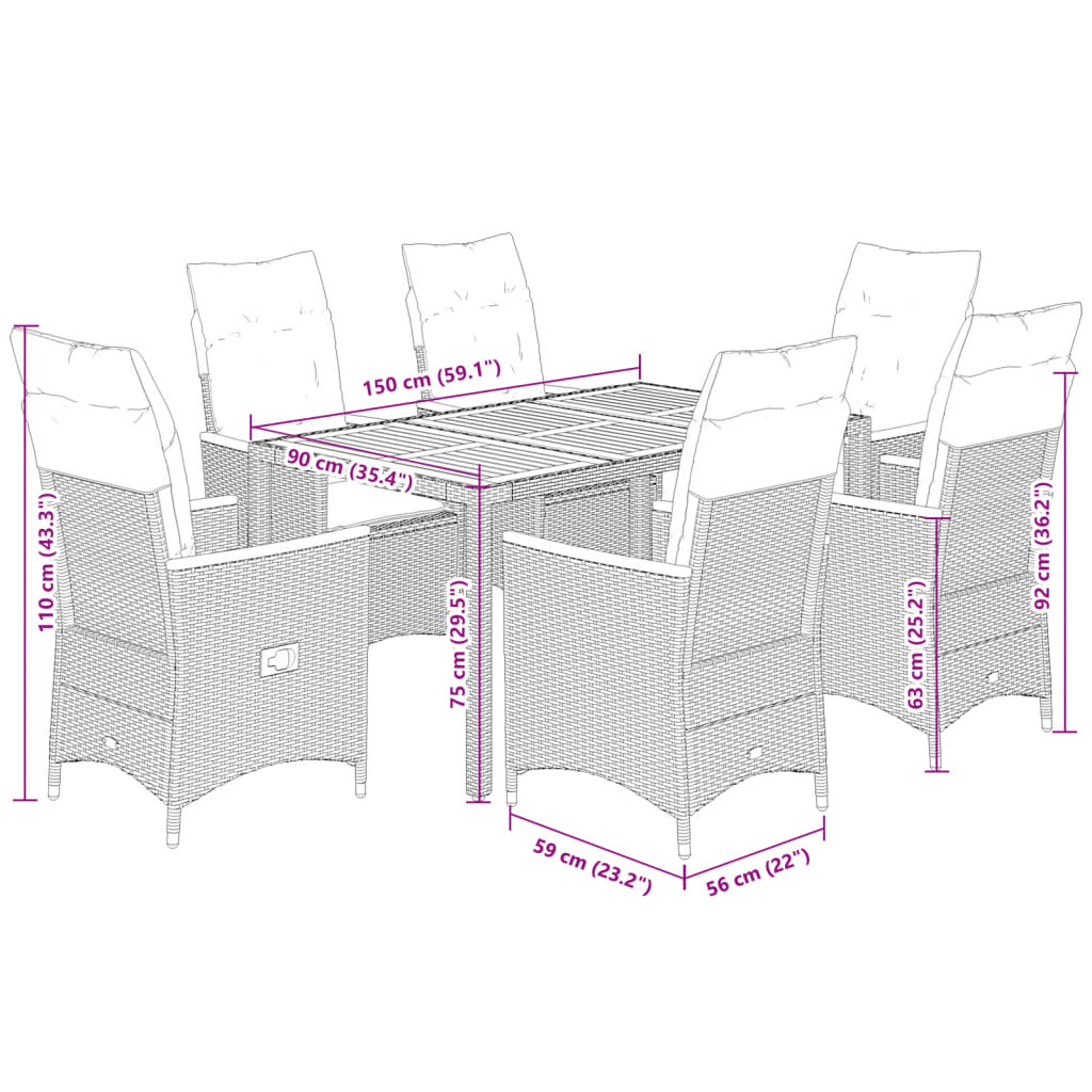 Ensemble à manger de jardin coussins 7pcs Noir Résine tressée