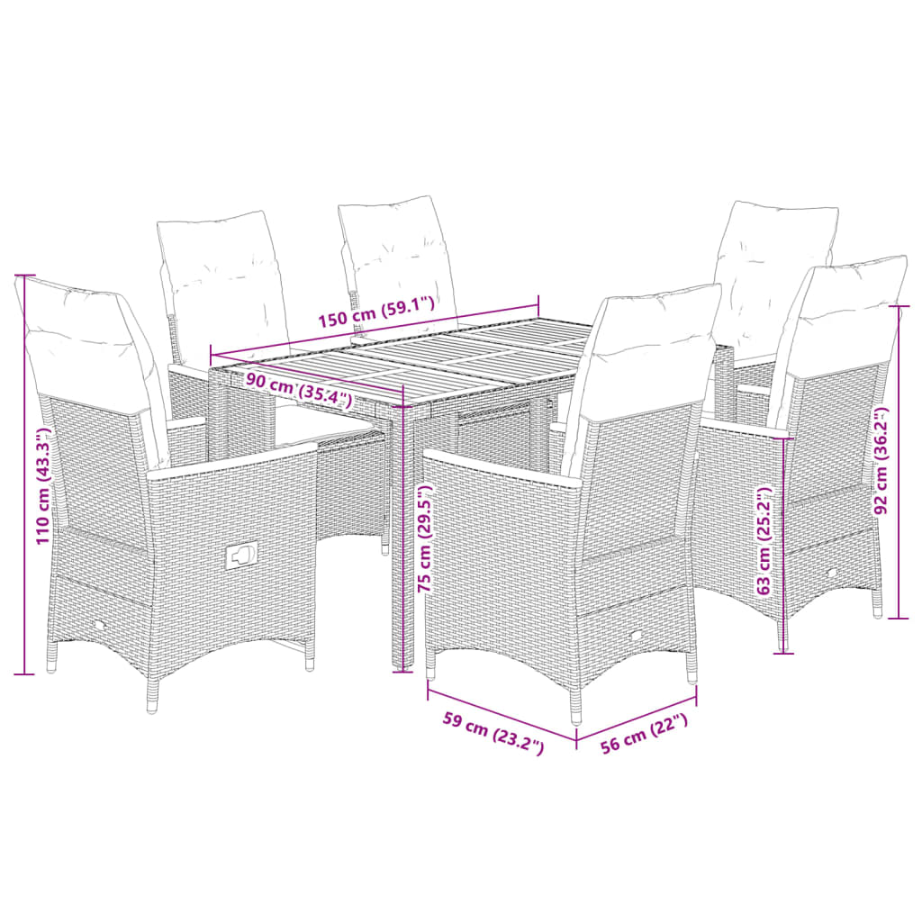 Ensemble à manger de jardin coussins 7pcs Noir Résine tressée
