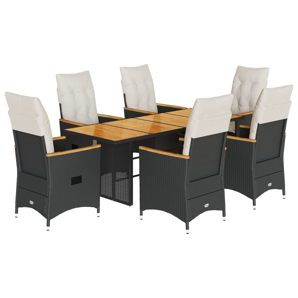 Ensemble à manger de jardin coussins 7 pcs noir résine tressée