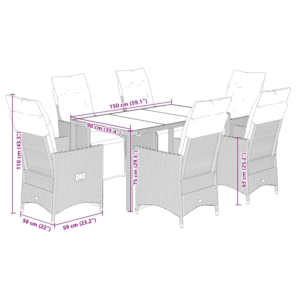 Ensemble à manger de jardin coussins 7 pcs noir résine tressée