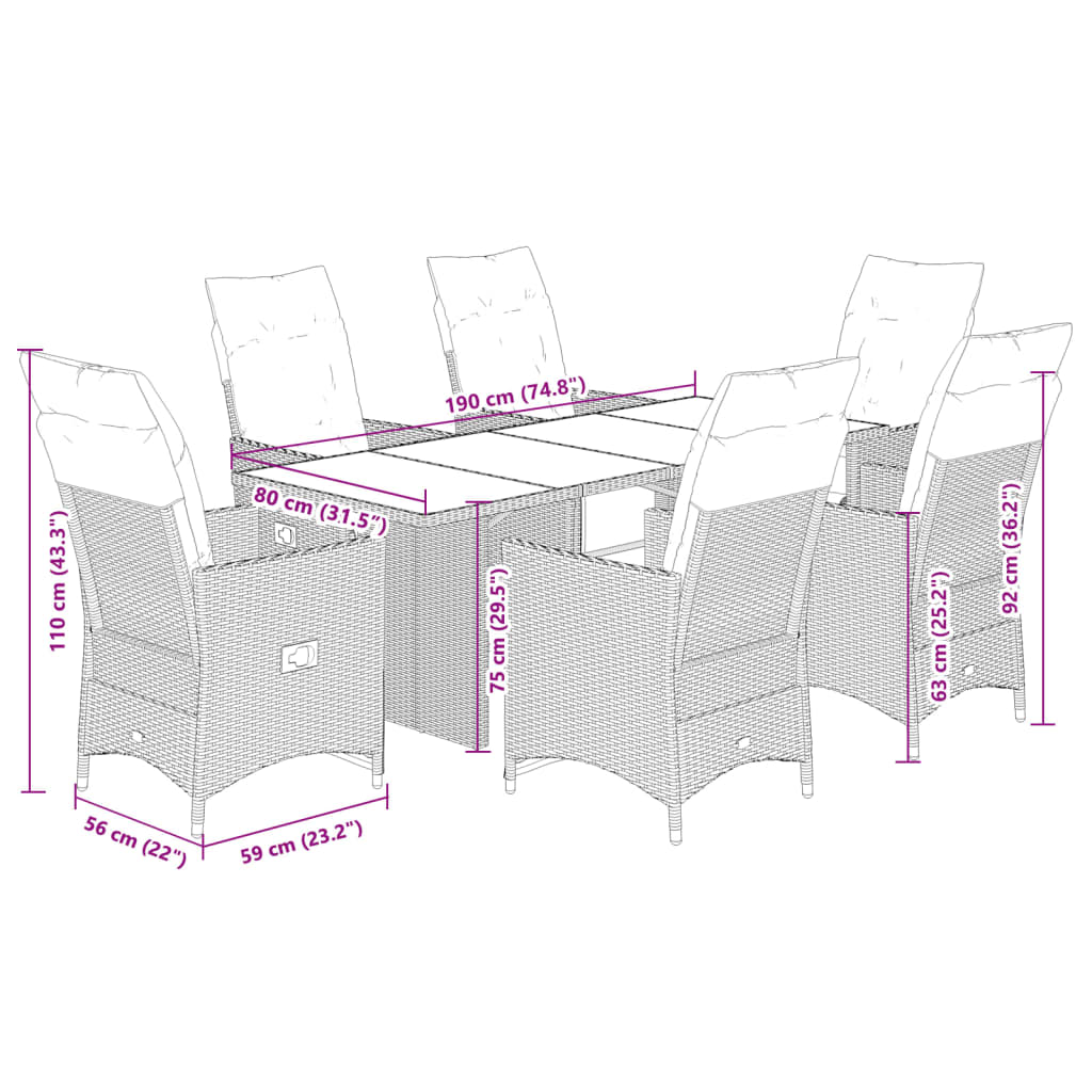 Ensemble à manger de jardin coussins 7 pcs noir résine tressée - XIOS