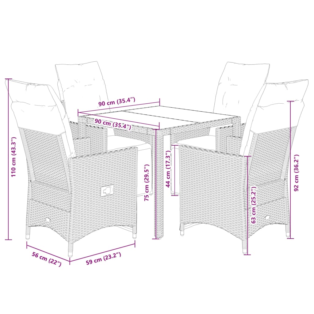 Ensemble de bistro de jardin 5 pcs coussins marron poly rotin