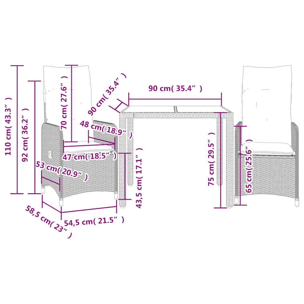 Ensemble de bistro de jardin 3 pcs coussins marron poly rotin