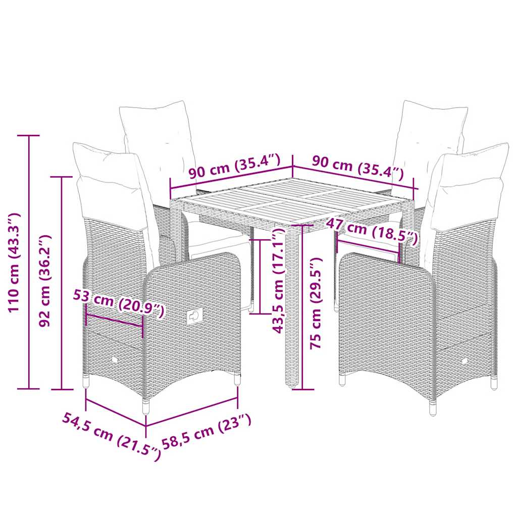 Ensemble de bistro de jardin 5 pcs coussins noir poly rotin