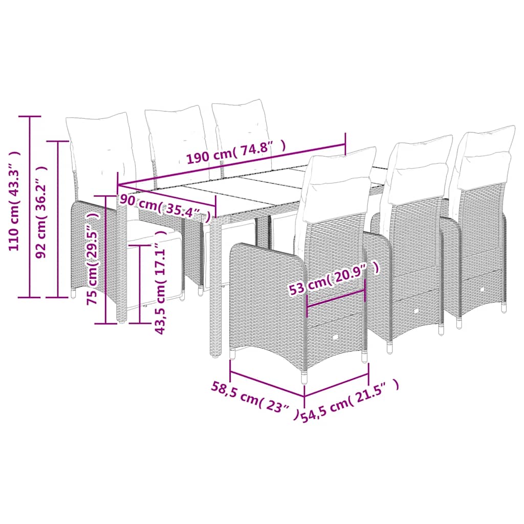 Ensemble de bistro de jardin 7 pcs coussins marron poly rotin