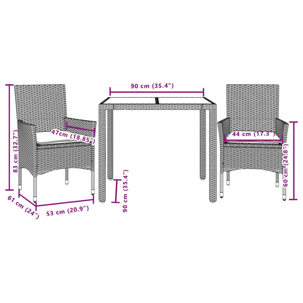 Ensemble à manger de jardin et coussins 3 pcs beige rotin verre