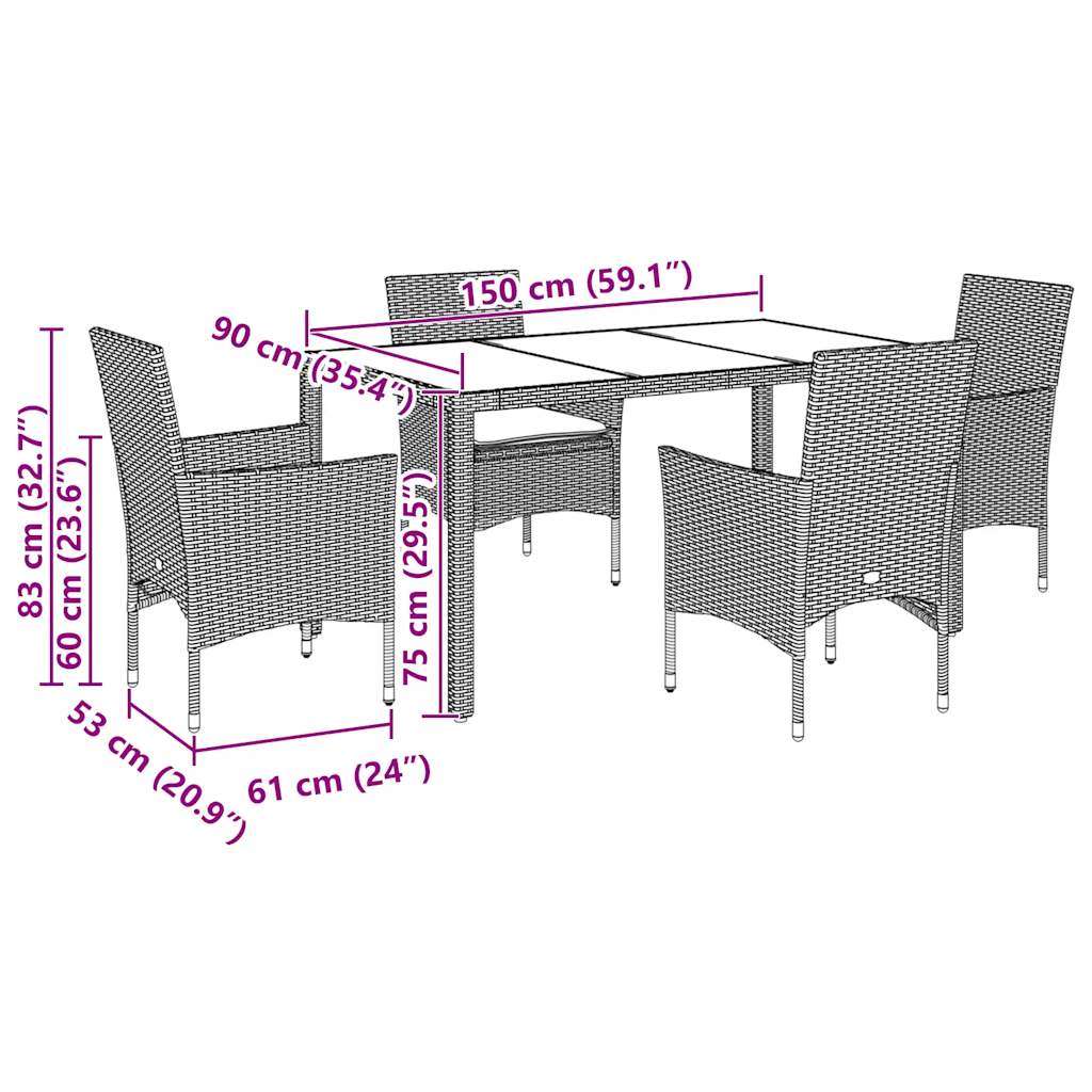 Ensemble à manger de jardin avec coussins 5 pcs rotin et verre