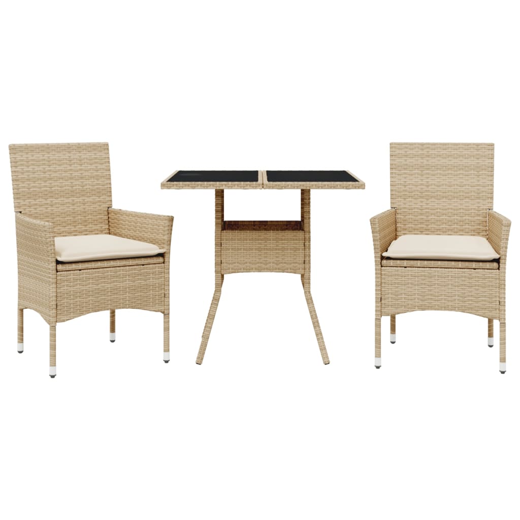 Ensemble à manger de jardin et coussins 3 pcs beige rotin verre