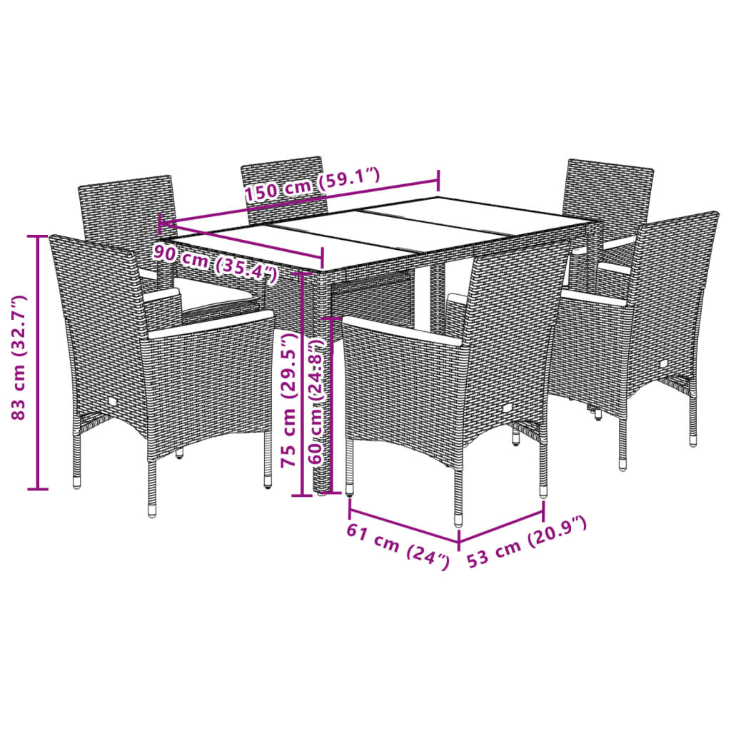 Ensemble à manger de jardin et coussins 7 pcs gris rotin verre