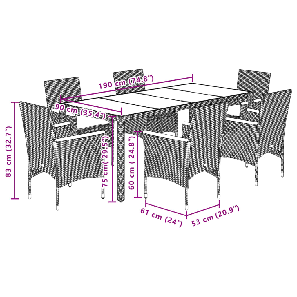 Ensemble à manger de jardin et coussins 7 pcs gris rotin verre