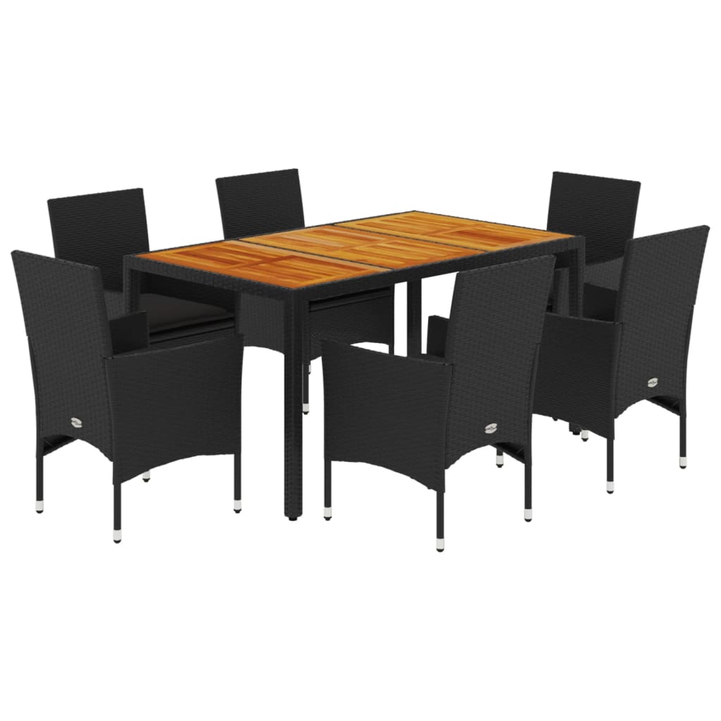 Ensemble à manger de jardin et coussins 7pcs noir rotin acacia - XIOS