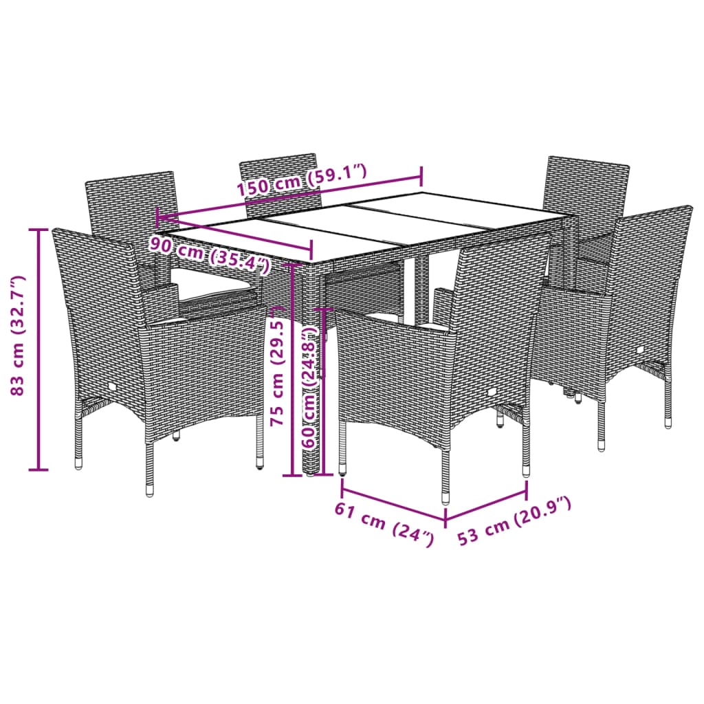 Ensemble à manger de jardin et coussins 7pcs noir rotin acacia - XIOS