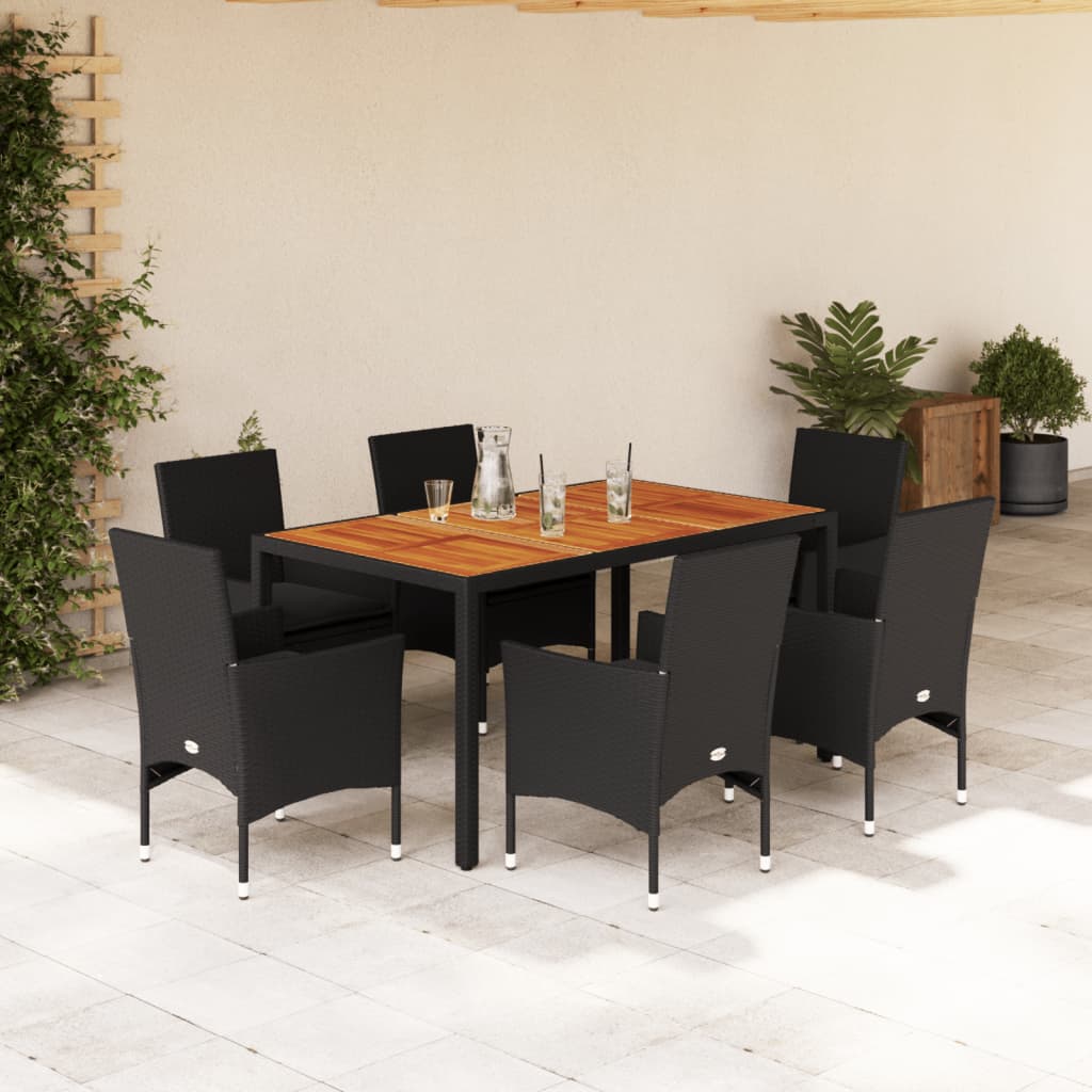 Ensemble à manger de jardin et coussins 7pcs noir rotin acacia - XIOS