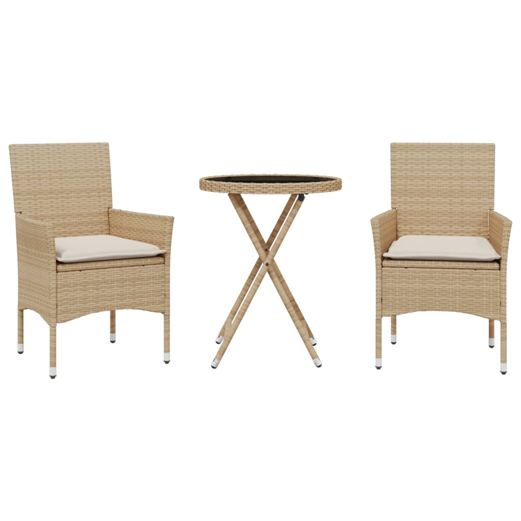 Ensemble de bistro avec coussins 3 pcs beige rotin et verre
