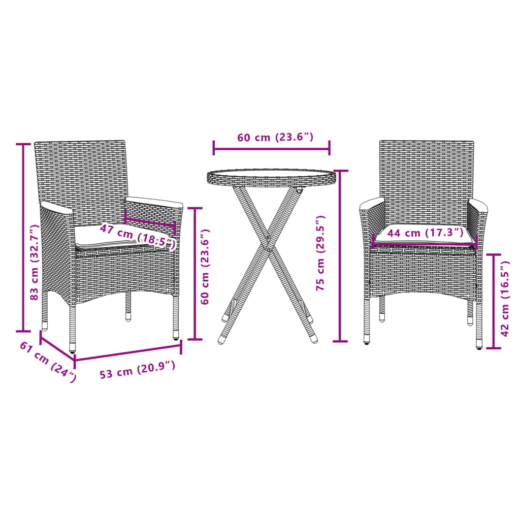 Ensemble de bistro avec coussins 3pcs noir résine tressée verre