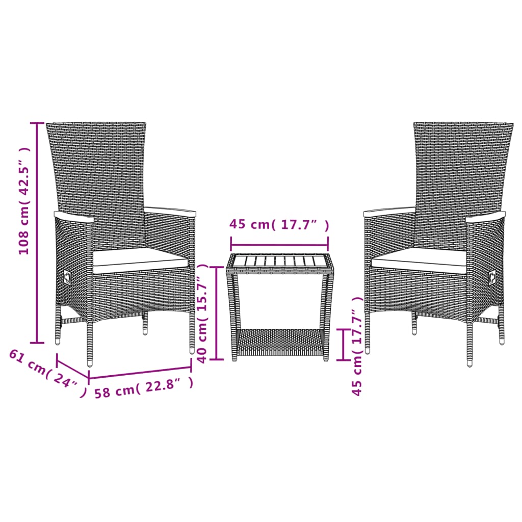 Ensemble à manger de jardin avec coussins 3 pcs Noir