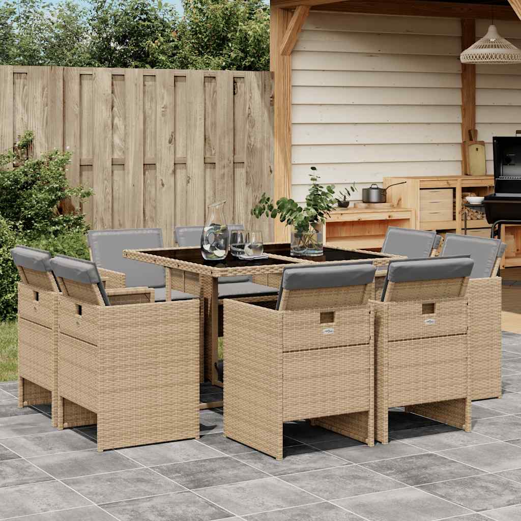 Ensemble à manger de jardin et coussins 9 pcs mélange beige