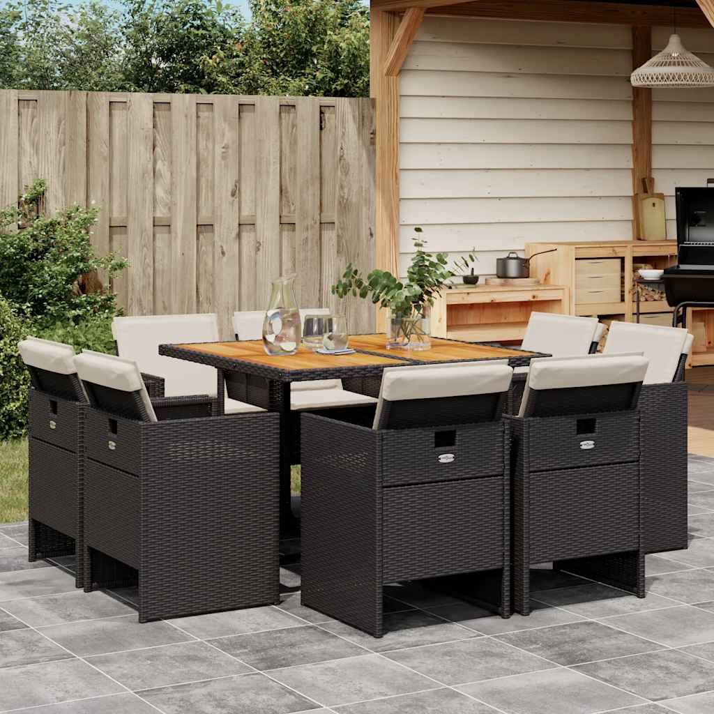 Ensemble à manger de jardin 9pcs coussins noir résine tressée - XIOS