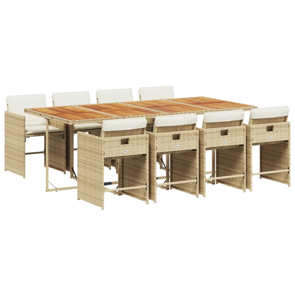 Ensemble à manger de jardin et coussins 9 pcs beige Poly rotin