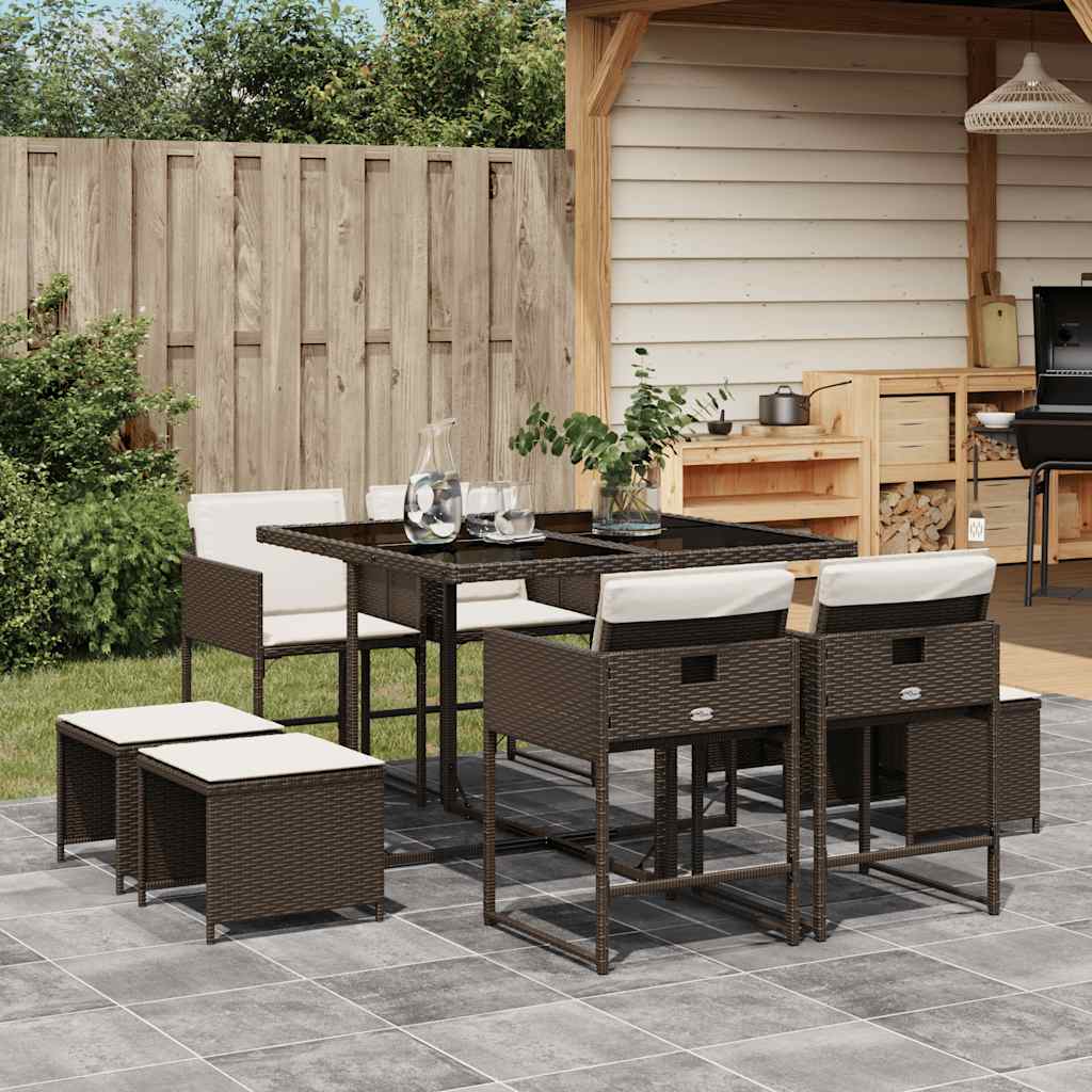 Ensemble à manger de jardin et coussins 9 pcs marron poly rotin - XIOS