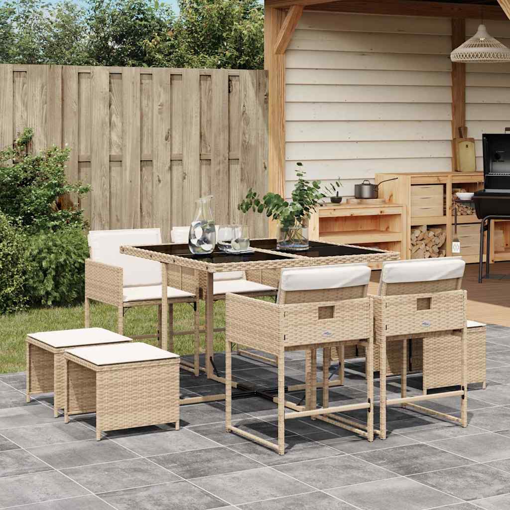 Ensemble à manger de jardin et coussins 9 pcs beige Poly rotin - XIOS