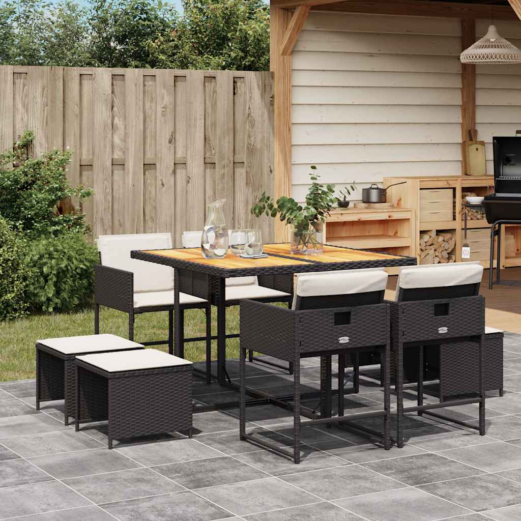 Ensemble à manger de jardin 9pcs coussins noir résine tressée - XIOS