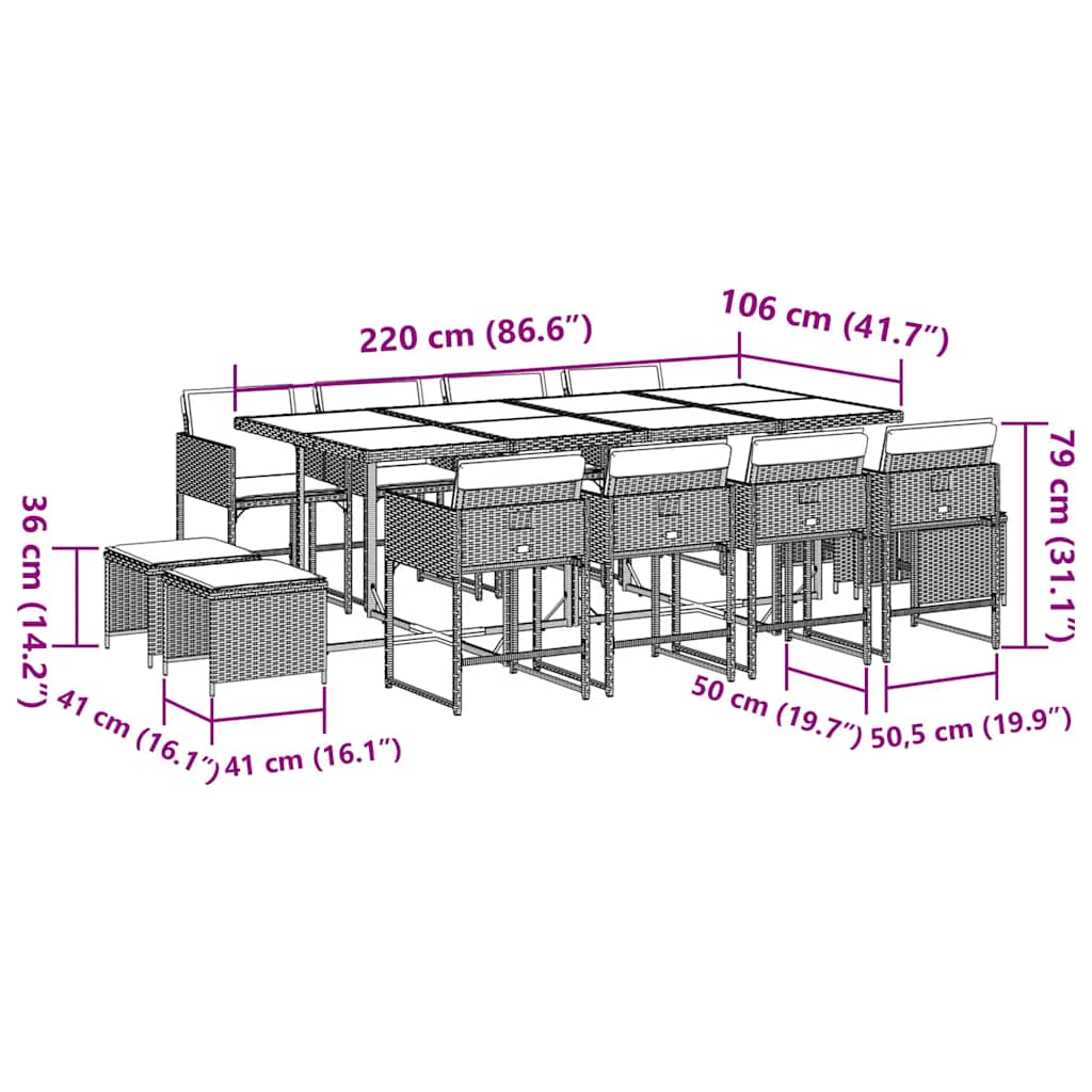 Ensemble à manger de jardin et coussins 13 pcs gris clair rotin