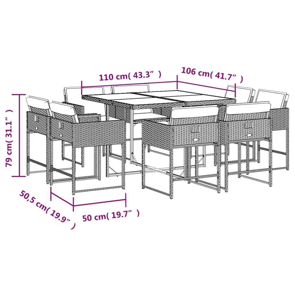 Ensemble à manger de jardin et coussins 9 pcs gris clair rotin