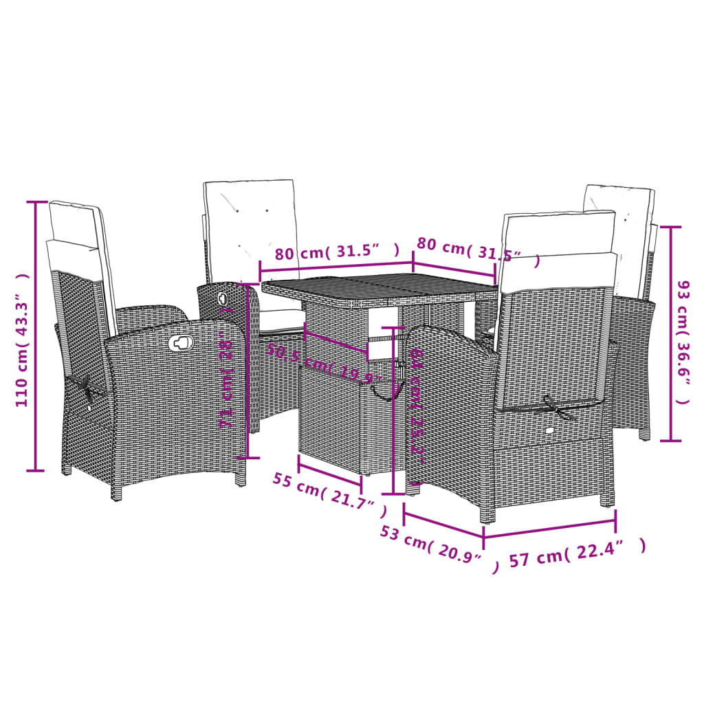 Ensemble à manger de jardin 5 pcs coussins gris résine tressée