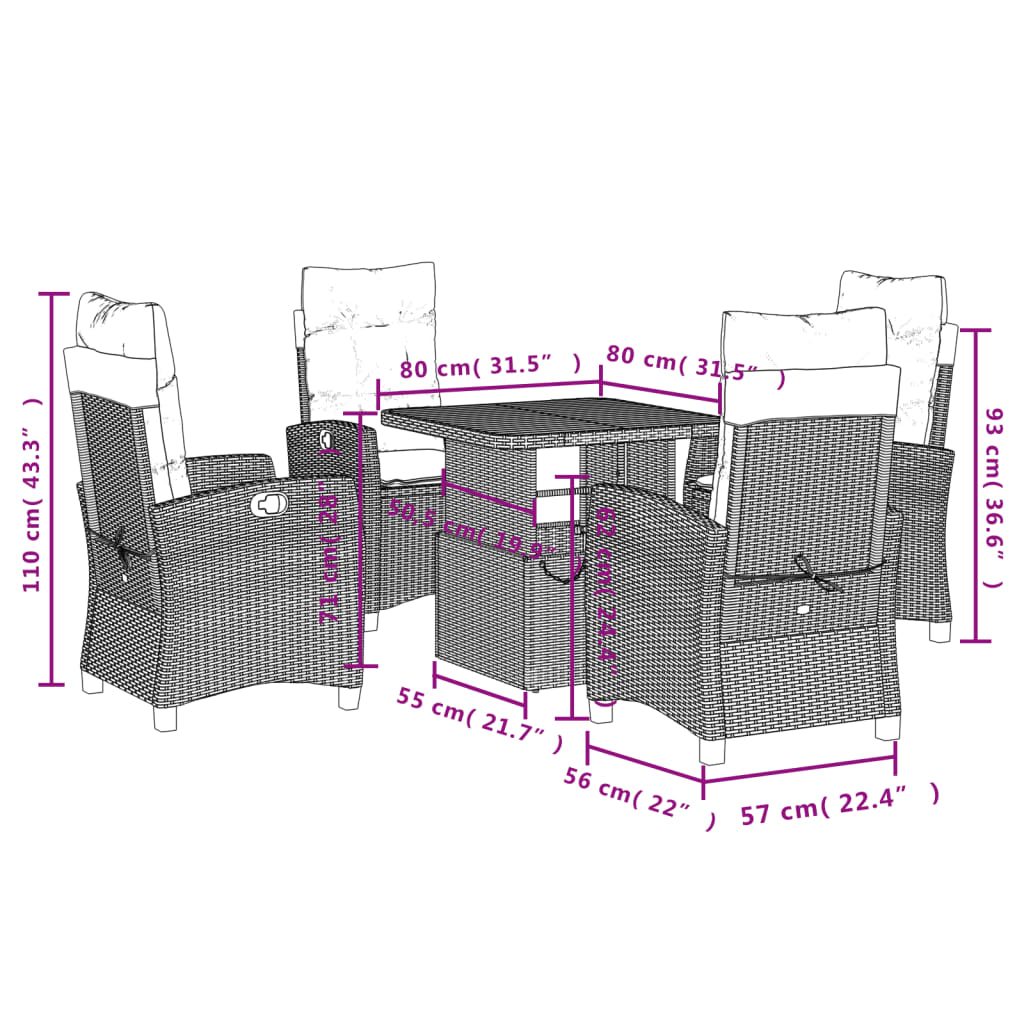 Ensemble à manger de jardin coussins 5pcs Noir Résine tressée