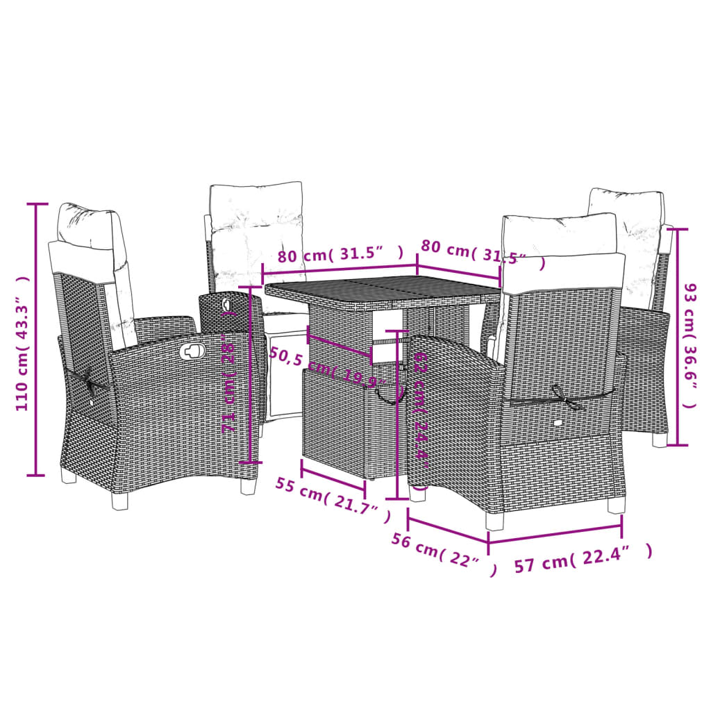 Ensemble à manger de jardin coussins 5pcs Noir Résine tressée