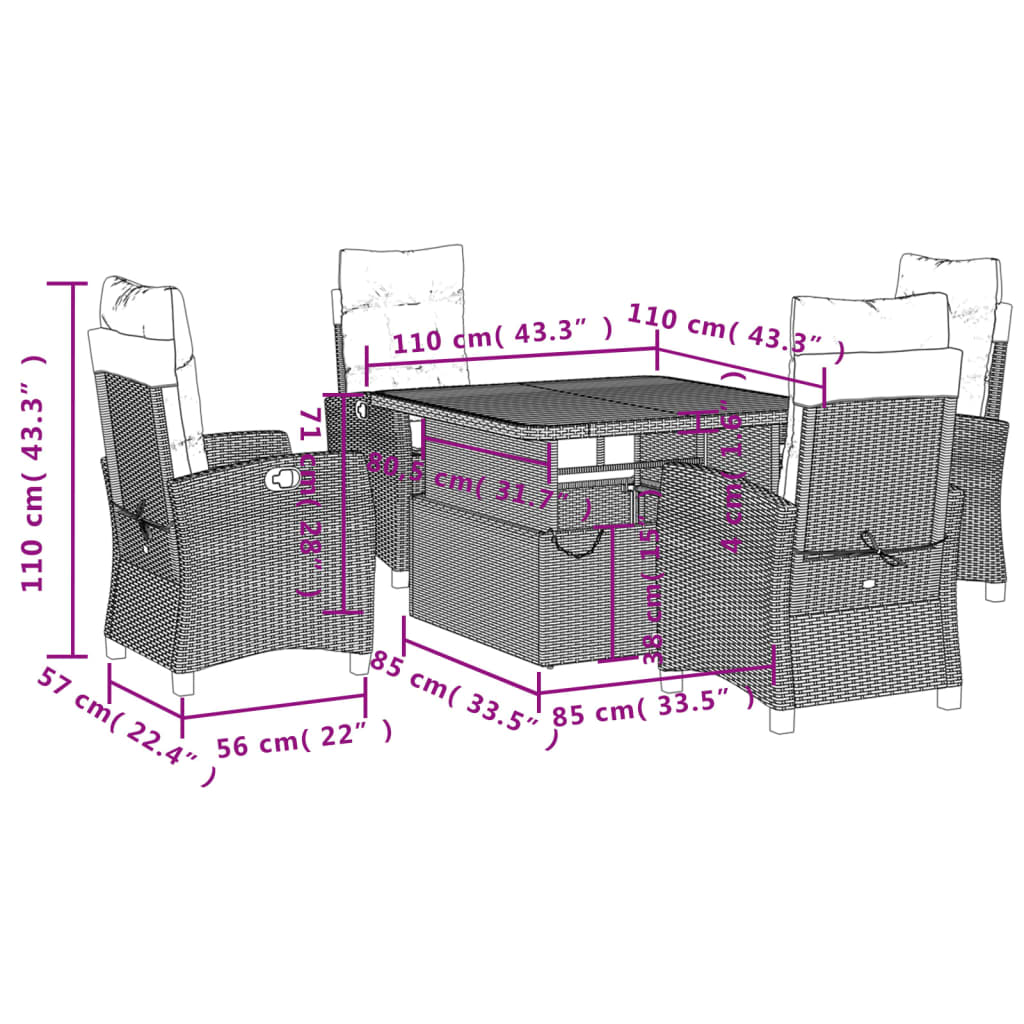 Ensemble à manger de jardin coussins 5pcs Noir Résine tressée
