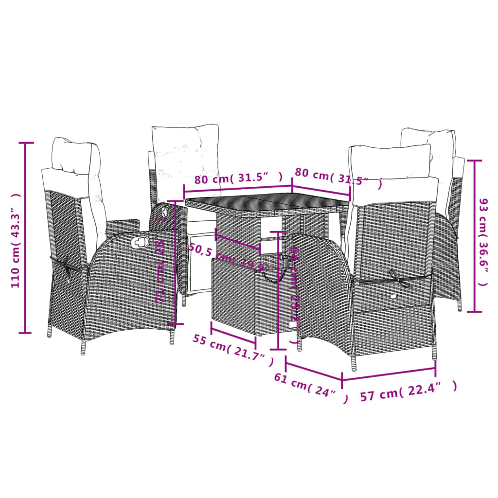 Ensemble à manger de jardin coussins 5pcs Noir Résine tressée