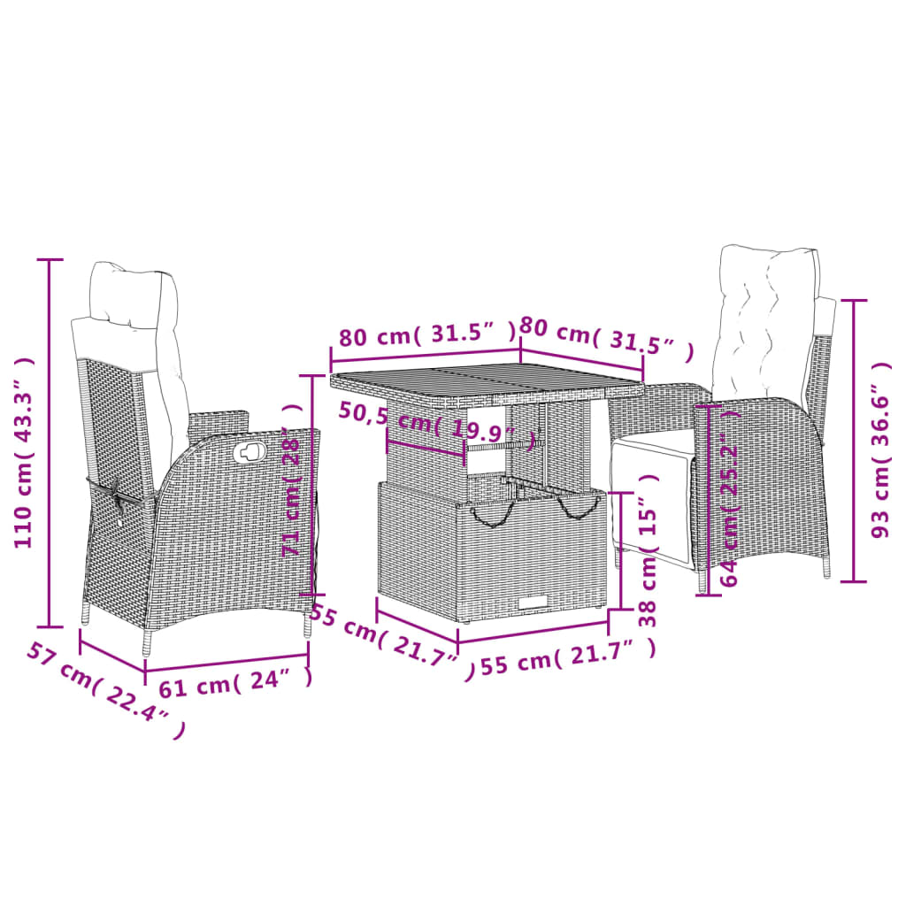 Ensemble à manger de jardin 3 pcs coussins gris résine tressée