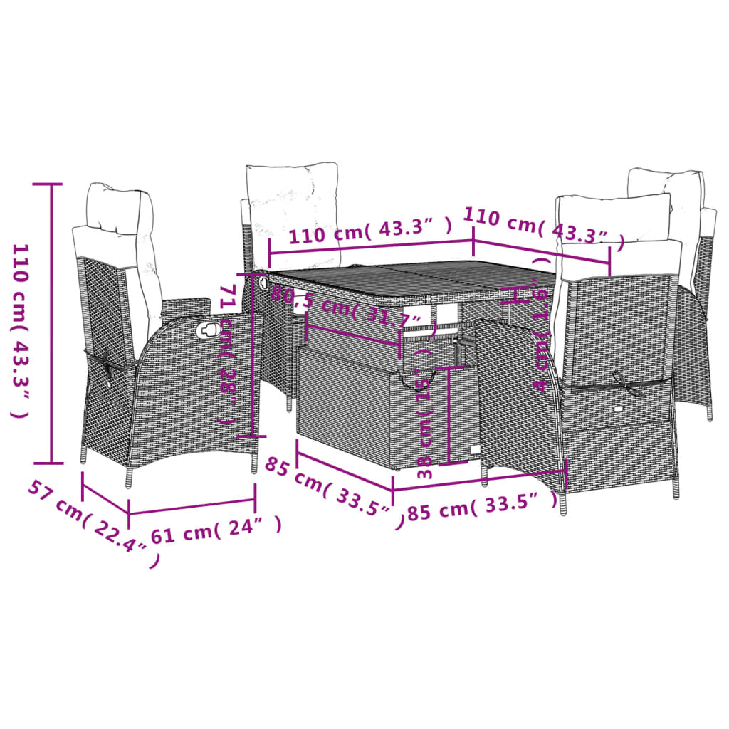 Ensemble à manger de jardin 5 pcs coussins gris résine tressée