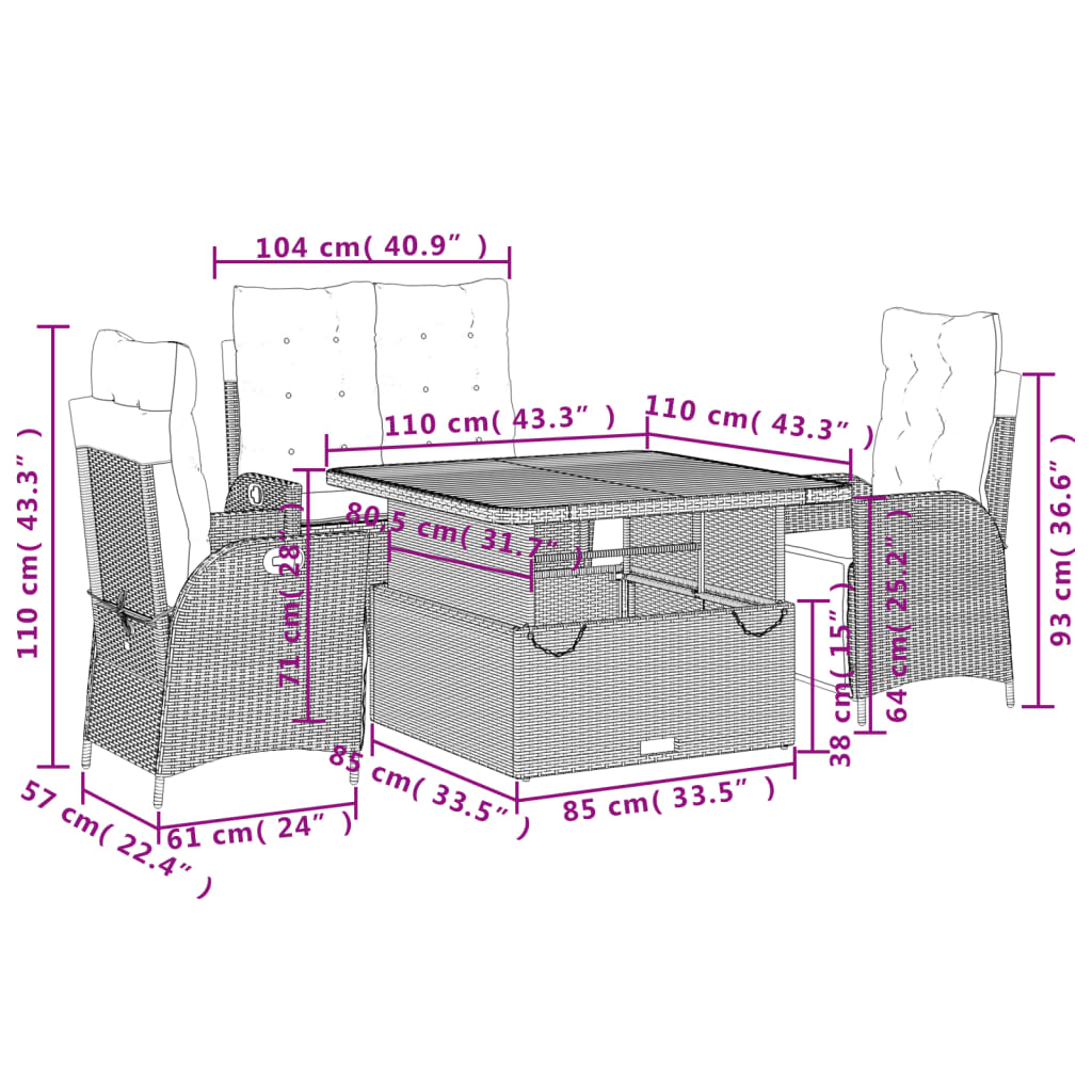 Ensemble à manger jardin 4pcs et coussins Gris Résine tressée