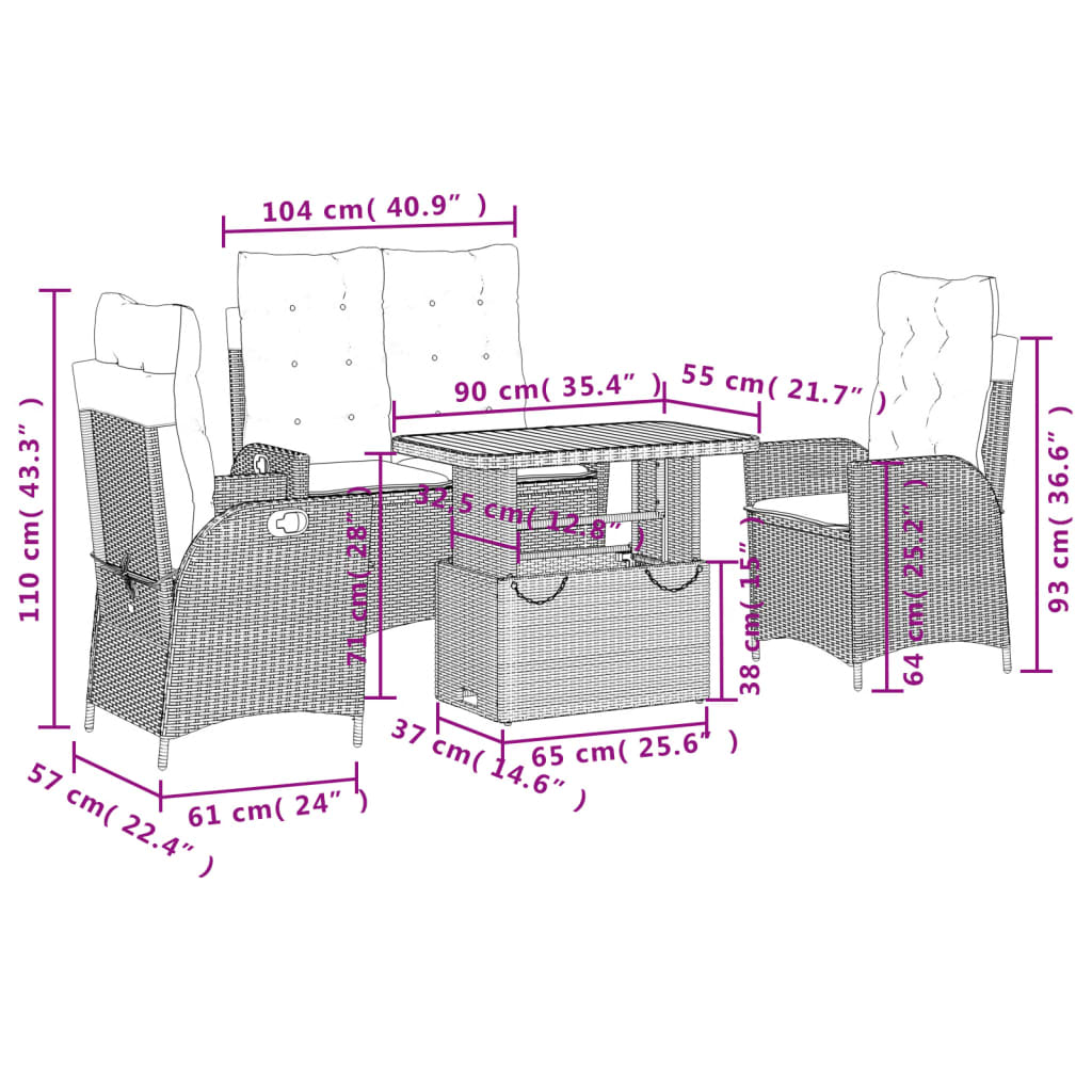 Ensemble à manger jardin 4pcs et coussins Gris Résine tressée