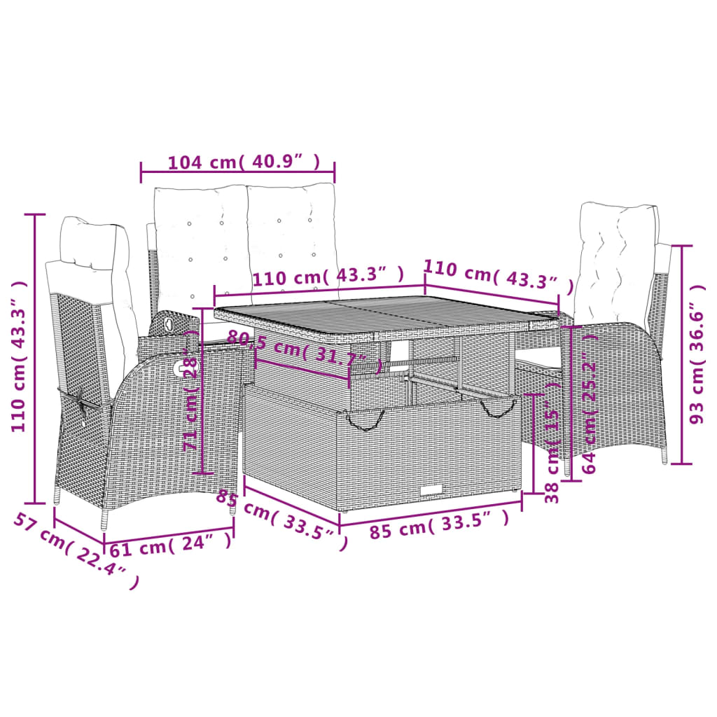 Ensemble à manger de jardin coussins 4 pcs beige résine tressée