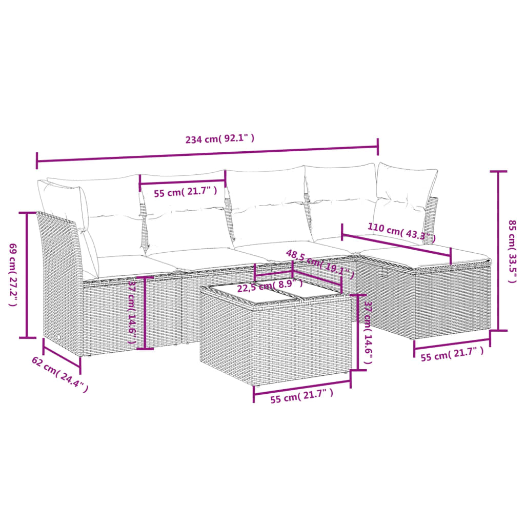 Salon de jardin avec coussins 6 pcs beige résine tressée