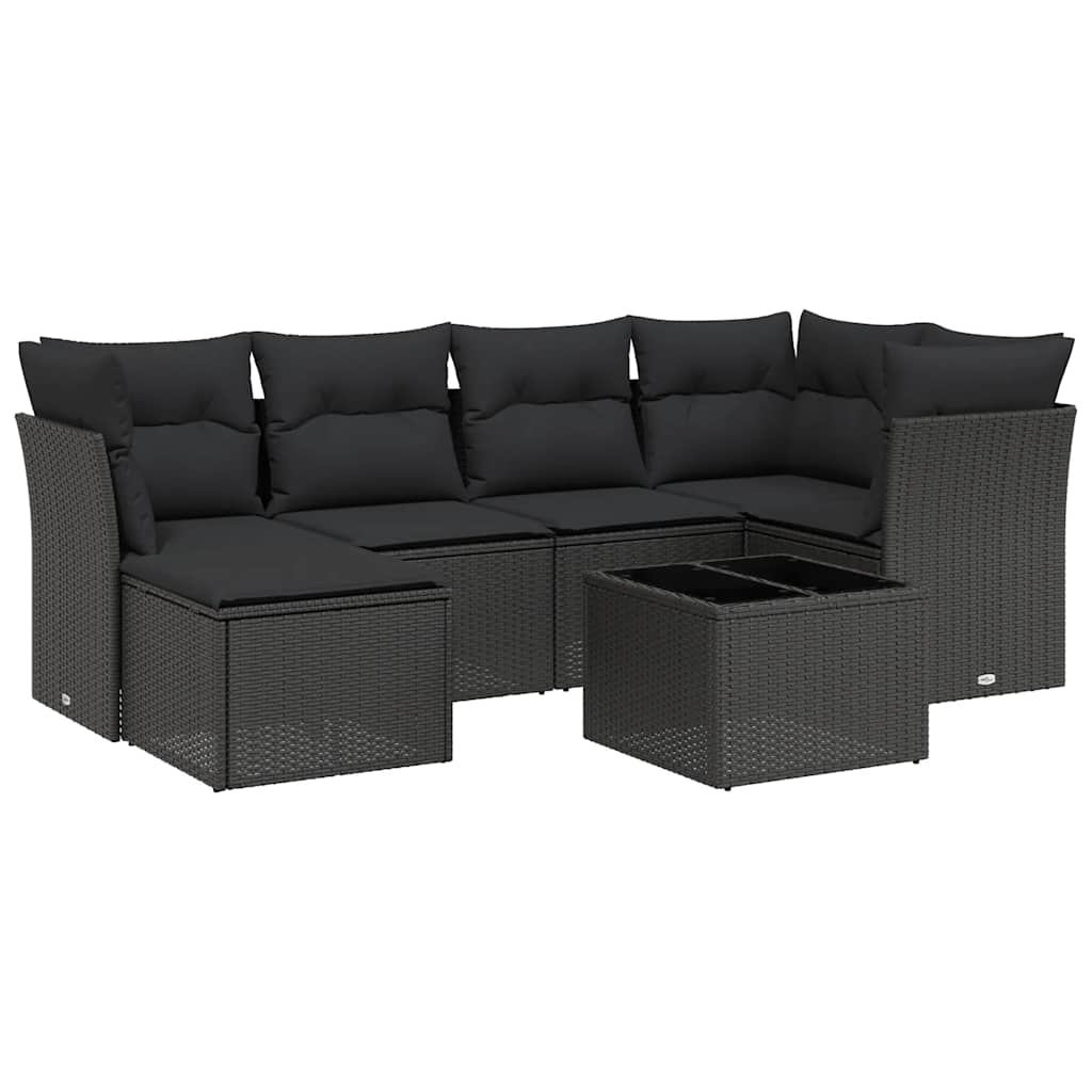 Salon de jardin 7 pcs avec coussins noir résine tressée
