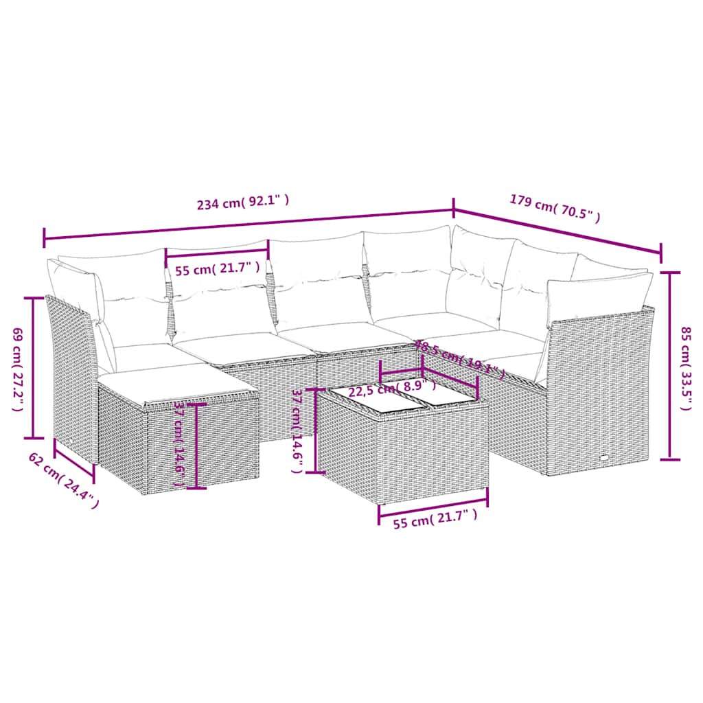 Salon de jardin 8 pcs avec coussins noir résine tressée